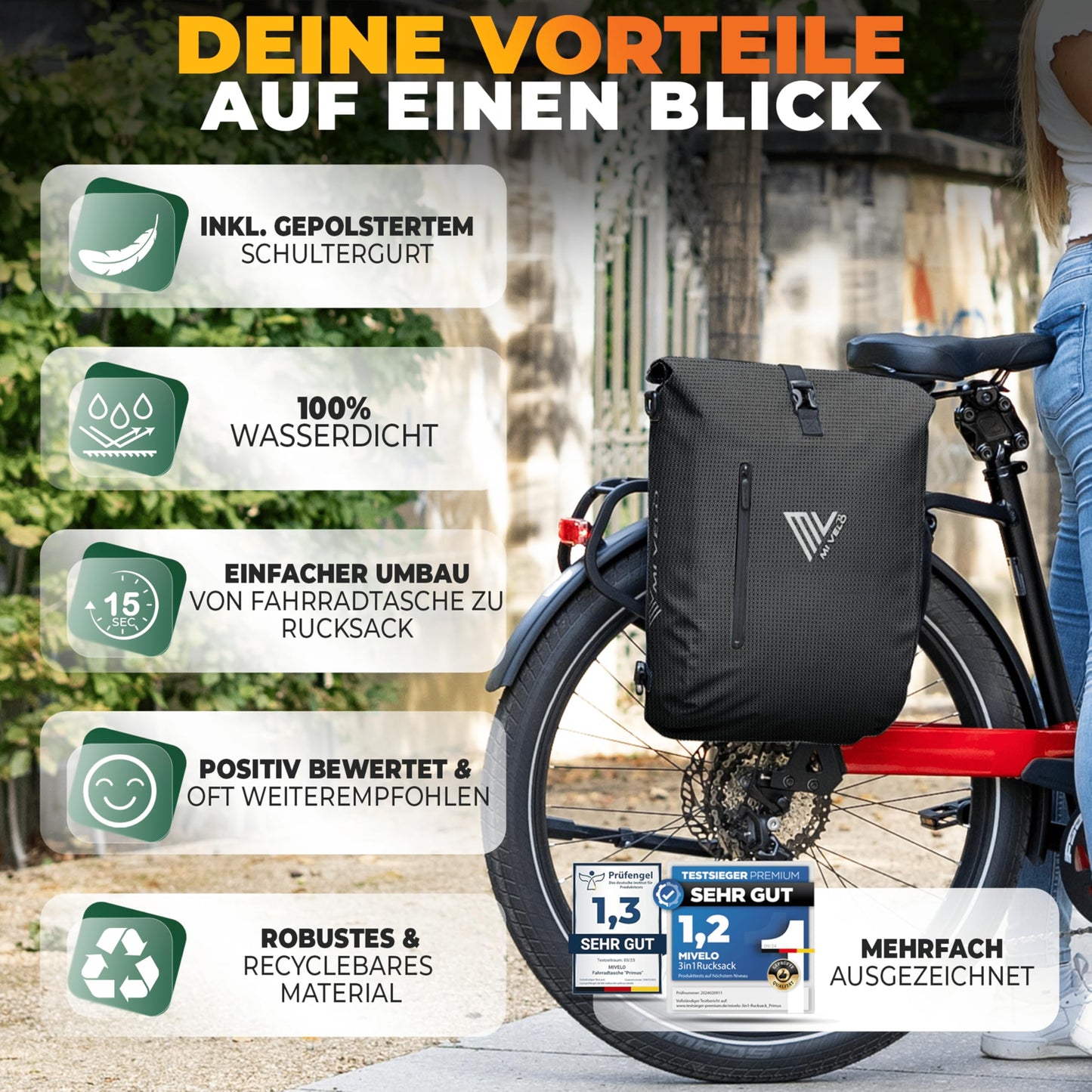 MIVELO - 3in1 bike bag for luggage rack, 100% waterproof & PVC-free, bike bag backpack & shoulder bag, bike bag luggage rack bag (Black-Reflective)
