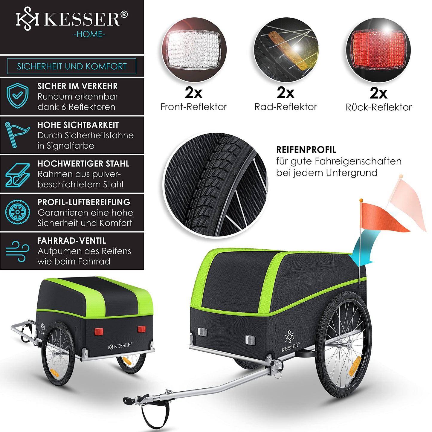 KESSER® bicycle trailer cargo trailer transport trailer high drawbar with coupler, incl. cover folding function high drawbar attaches to bicycle transport box with 120 liters max. 40 kg light green