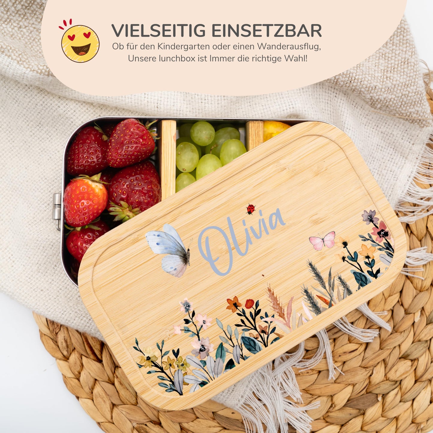 Kidsmood - Personalized lunch box for kids with compartments, stainless steel lunchbox with bamboo lid. Printed without harmful substances, featuring cute animal design & name. Perfect back-to-school gift for girls & boys.