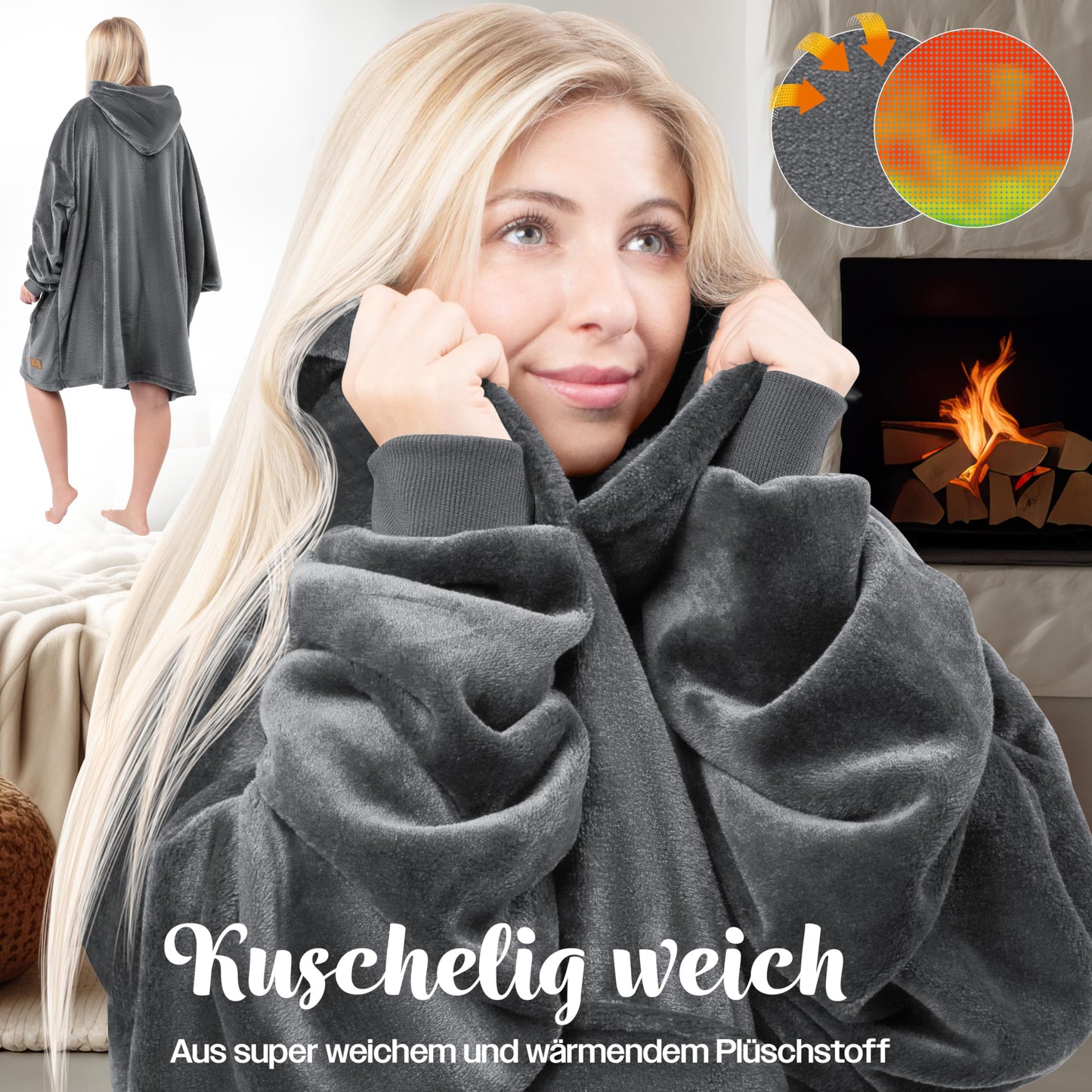 KESSER® Hoodie Blanket Snuggle Blanket with Sleeves Blanket Pullover Versatile Wearable Blanket for Women & Men, Sweatshirt Cozy Fleece Adult Soft Sleeve Blanket Oversize Anthracite