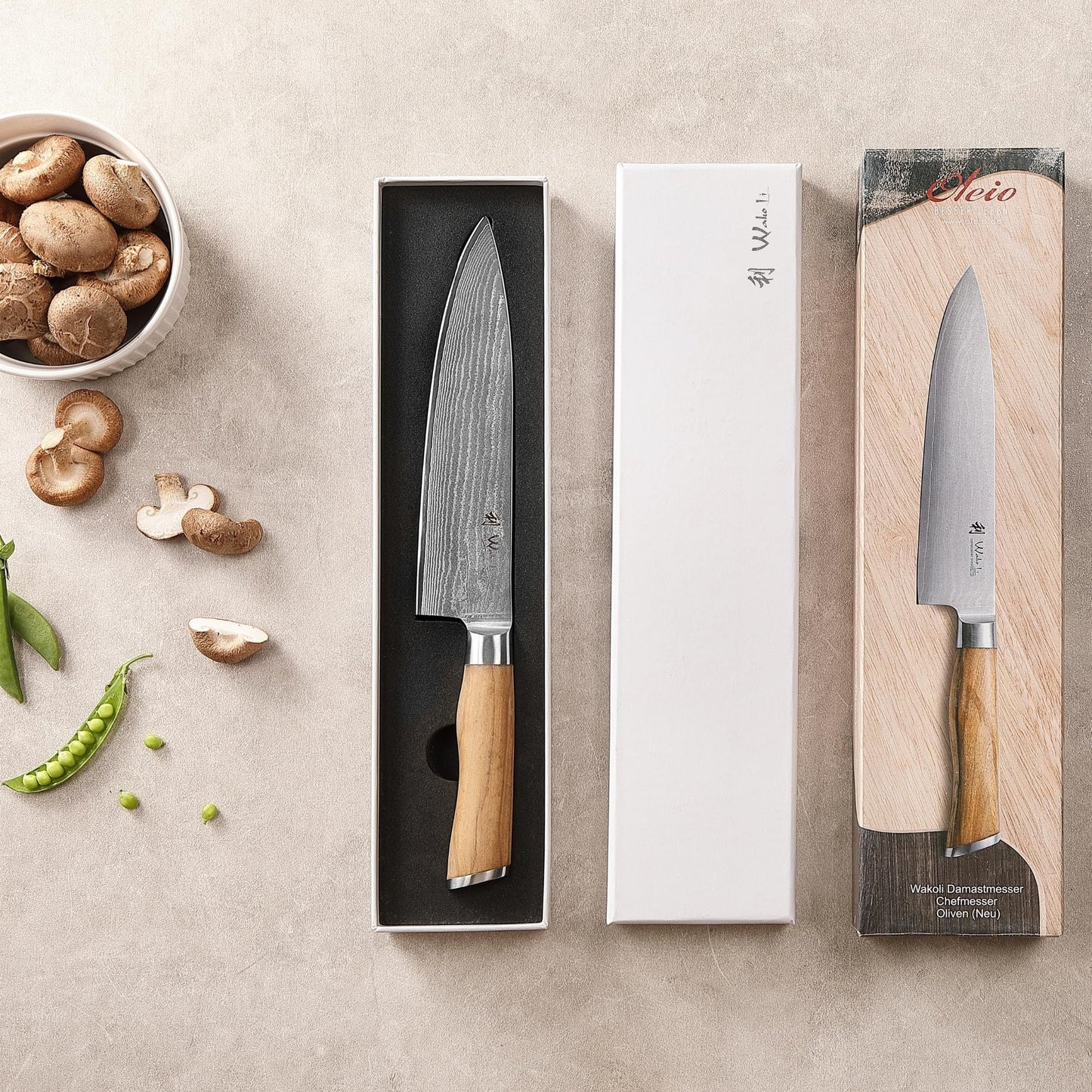 Wakoli Olive Damascus Kitchen Knife | Knife with 20cm blade made of 67 layers of Damascus steel with VG10 core | Olive wood handle | For meat, vegetables & fruits | Chef's knife in gift box - Sharp kitchen knife