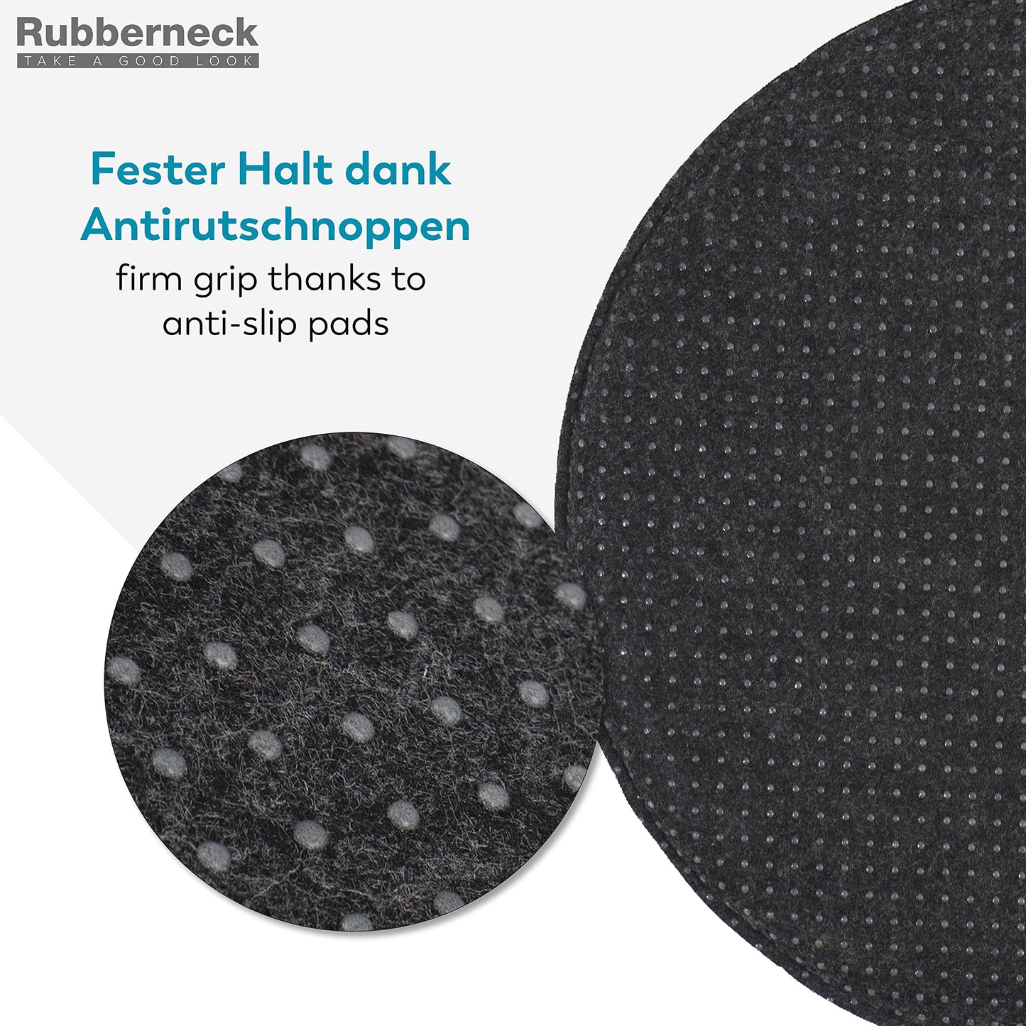 Rubberneck 8-piece set of non-slip felt round seat cushions, chair pads with anti-slip nubs, dark grey.