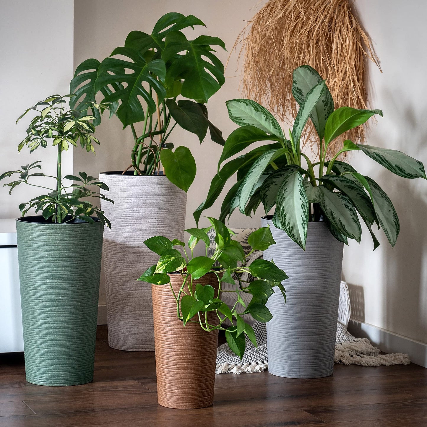 KADAX Plant Pot with Inner Pot Cream Ø 30 cm, Height 57.5 cm - Modern plant pot with insert, made of durable plastic for indoor and outdoor use, ideal for living room, balcony, office.