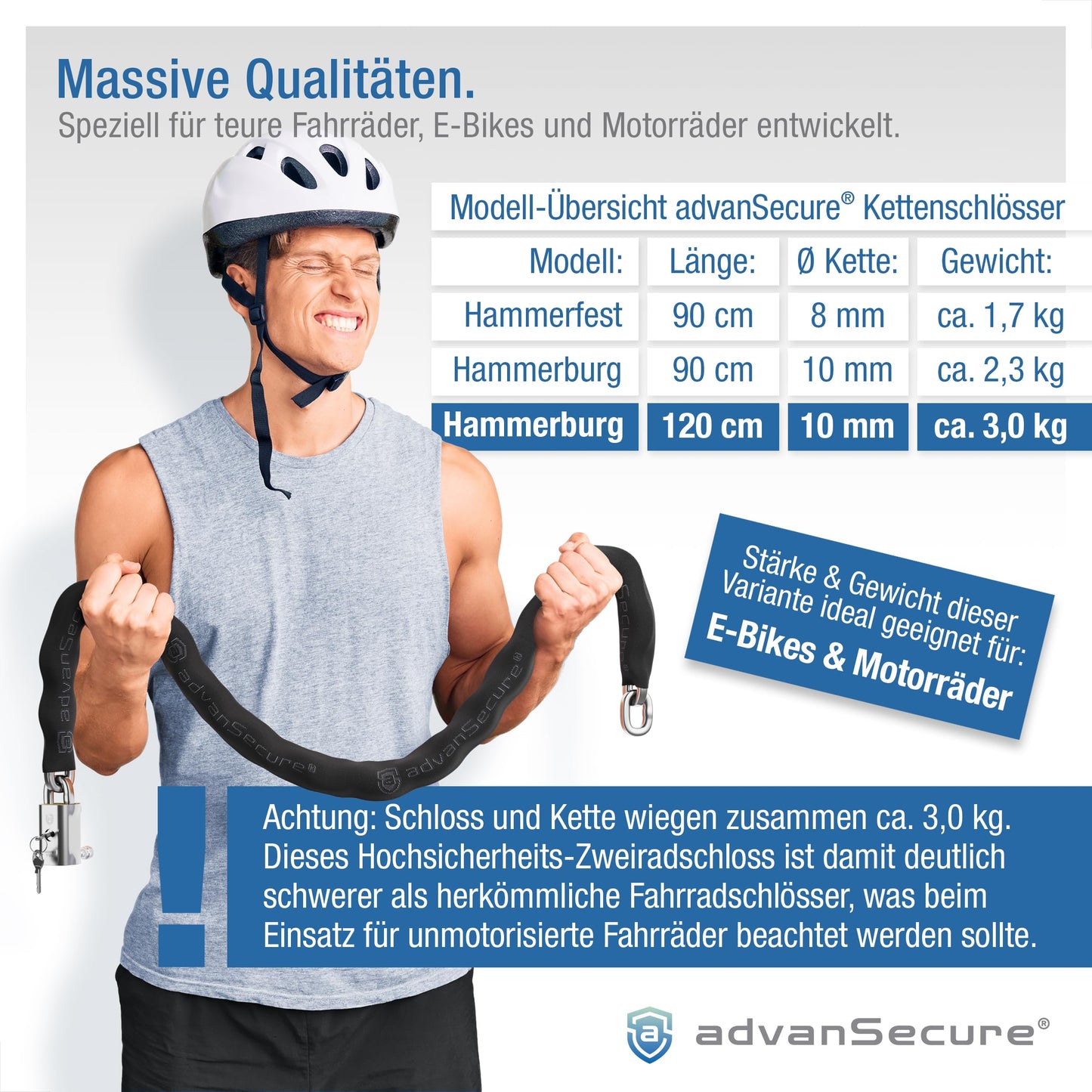 advanSecure® high-security chain lock with saddle bag | ideal for e-bikes | max. security level | 120 cm length, 10 mm chain links | hardened special steel