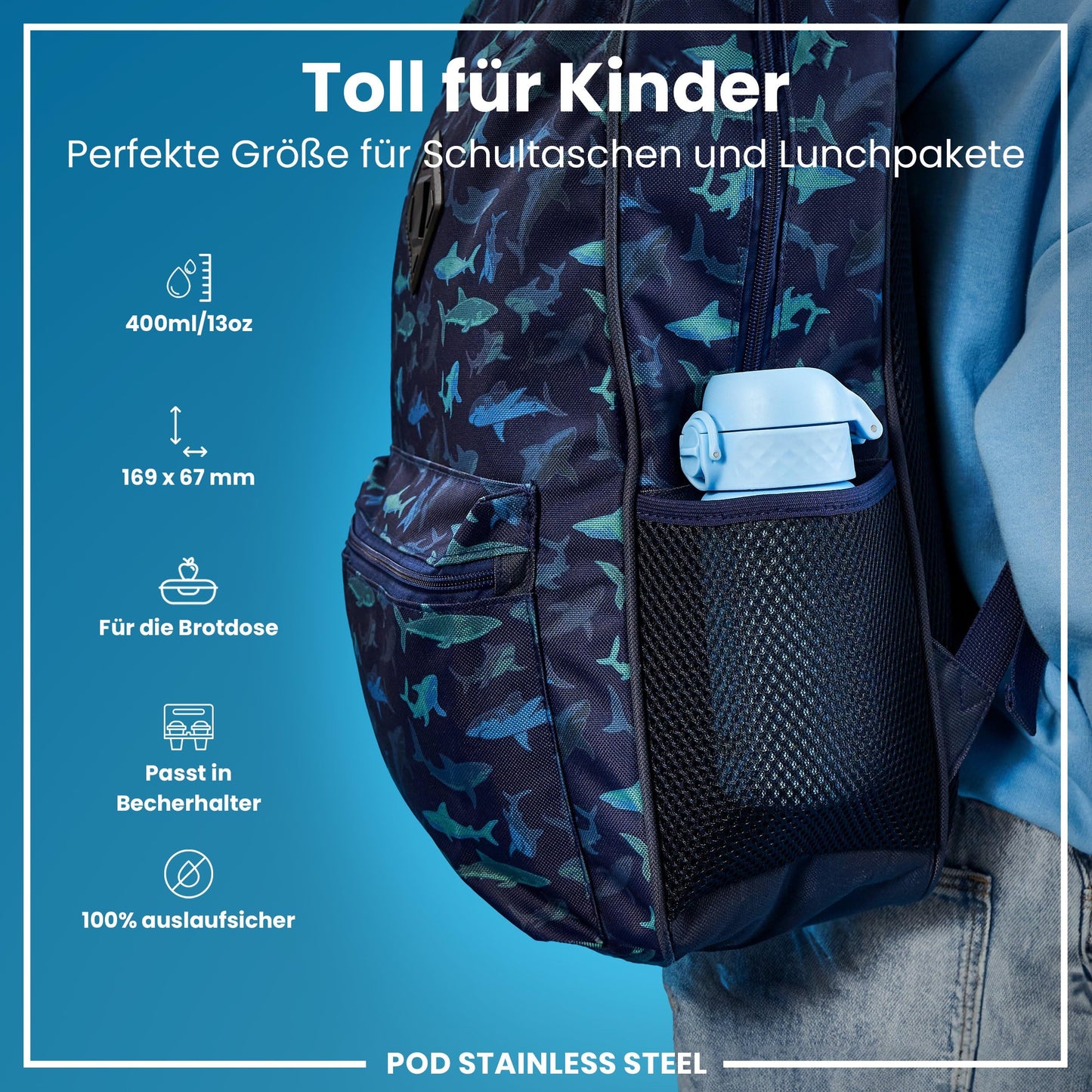 ion8 Kids Water Bottle, Stainless Steel Light 400ml, Not Insulated, Leak Proof, One-Hand Opening, Secure Locking, Dishwasher Safe, Foldable Lid, Handle, Easy to Clean, Alaska Blue