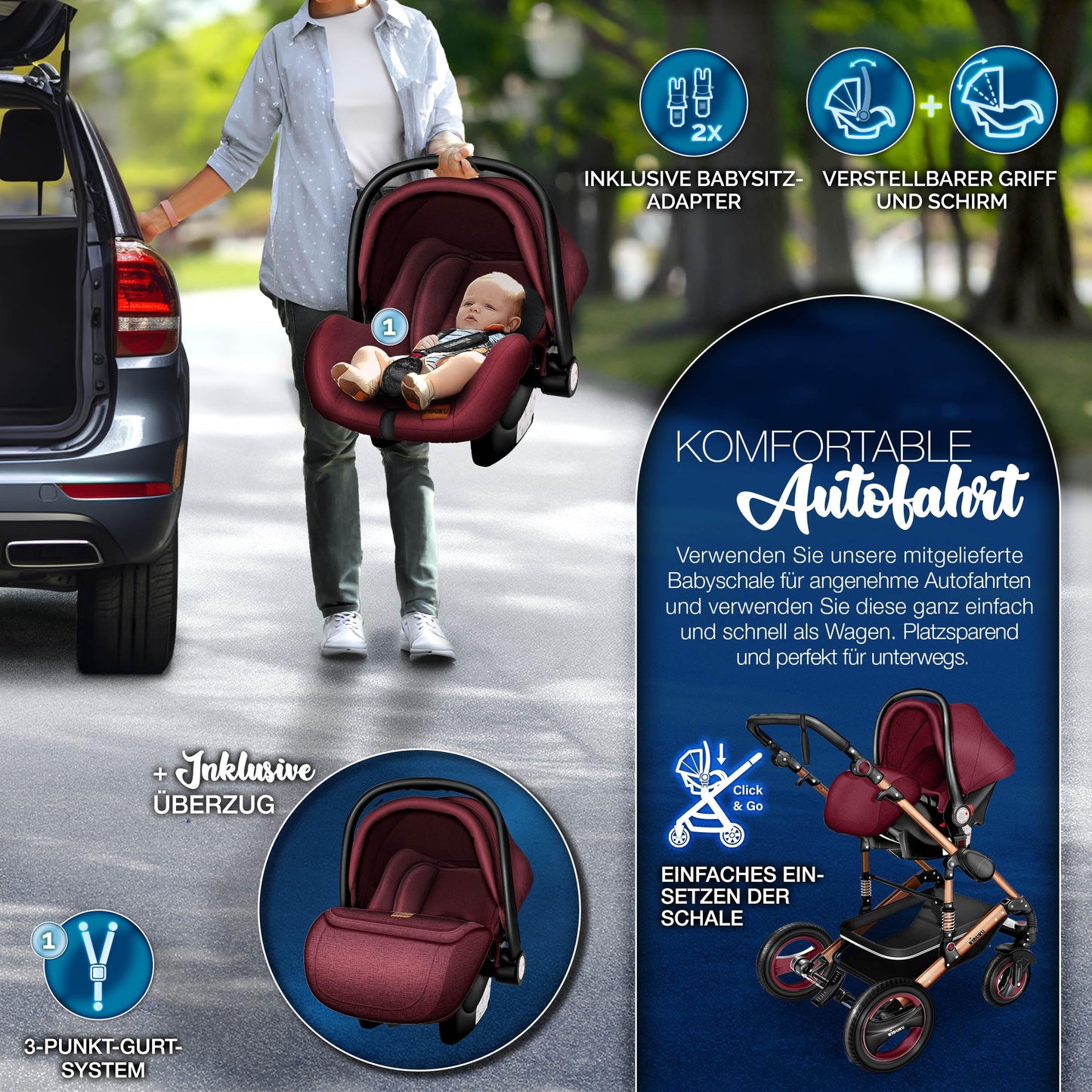 KIDUKU® 3 in 1 stroller XXL complete set | Combination stroller set including baby tub, buggy seat & car baby seat footmuff | Full rubber tires changing bag hand warmer rain cover children's table ECE R129