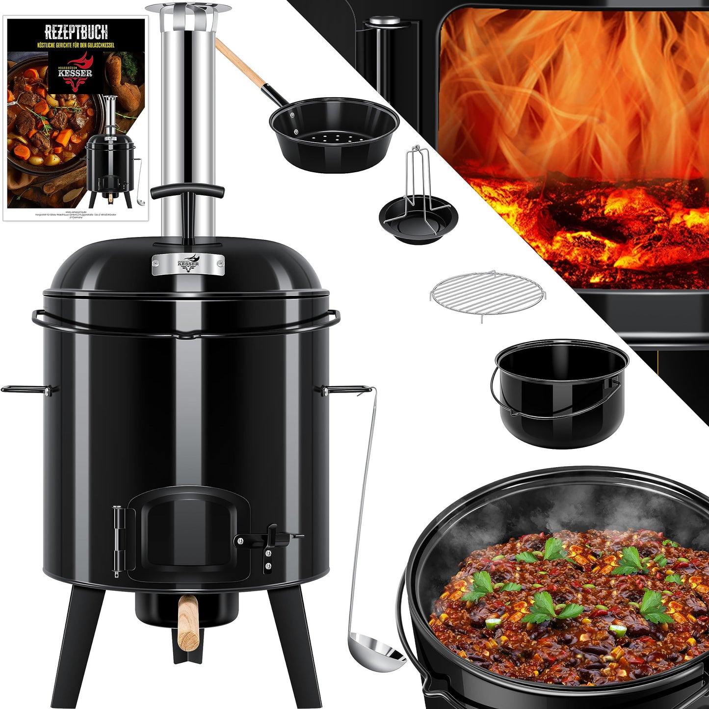 KESSER® Goulash Kettle Goulash Cannon | Dutch oven with grill function Oven Grill Kettle Grill + Chicken roaster 8L pan Goulash pot 17 liters enameled with lid for outdoor kitchen field kitchen