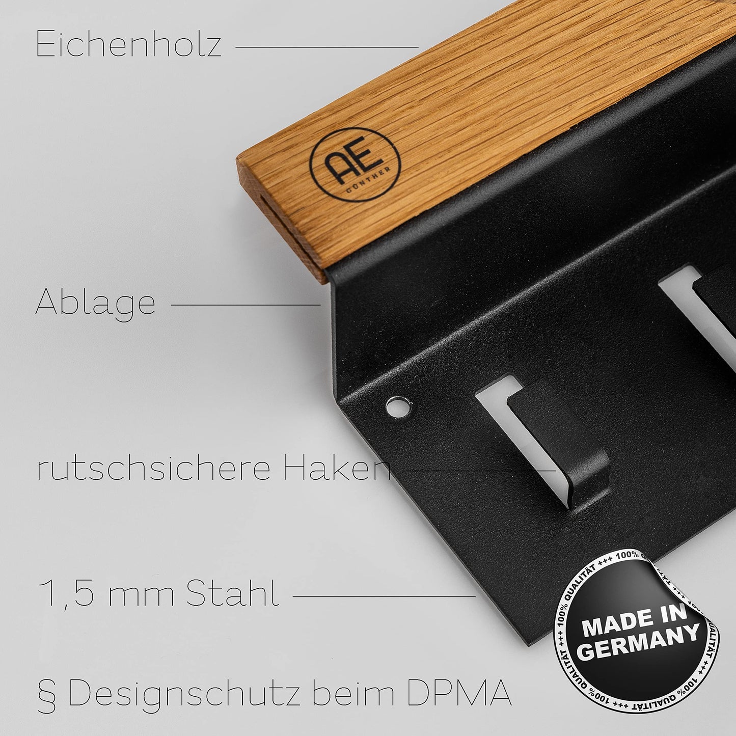 AE GÜNTHER® Key Board Wood - Key Holder Black Steel - Oak Key Board - Key Organizer with Storage - Keychain - Key Box - Wall Organizer - Key Rack