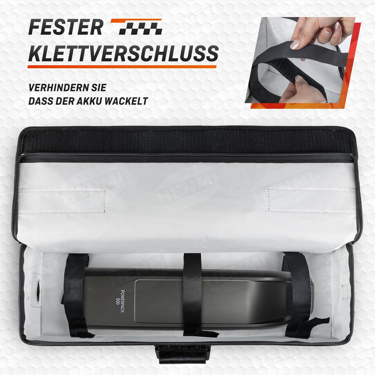 HENMI Ebike battery bag, 1000°C fireproof for safe storage, transportation, charging, 41 x 13 x 12 cm.
