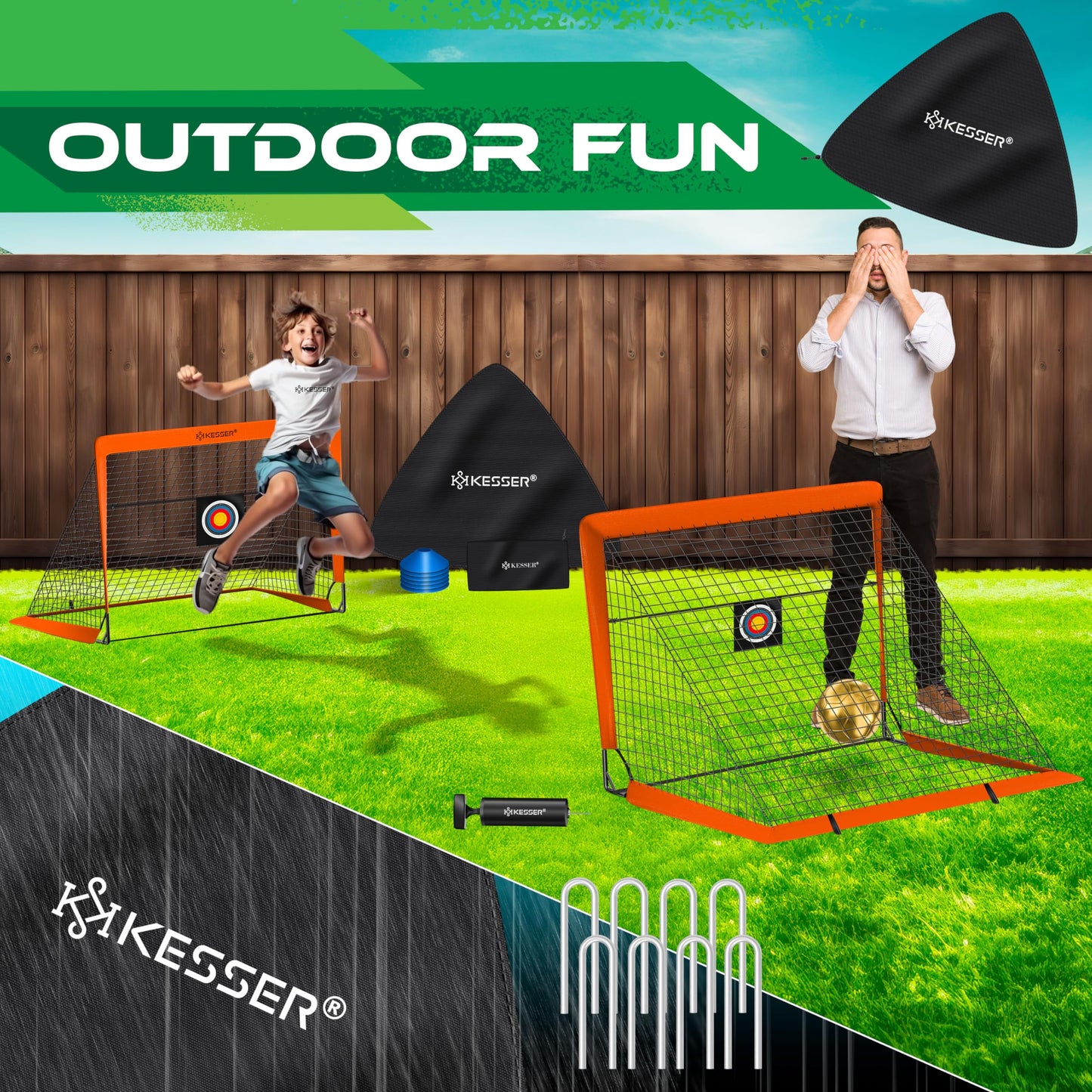 KESSER® Soccer Goal Kids Pop-Up 2er Set | Soccer Goals Foldable with Fiberglass Poles & high-quality Goal Nets for Indoor, Outdoor & Garden | With Carry Bag Cone Pump Target Orange