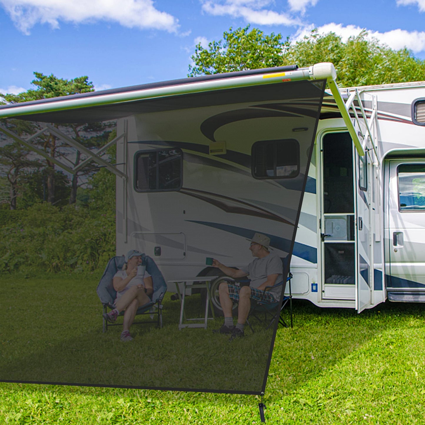 PHATRIP RV Awning View Blocker Sunshade Front Wall for Awning Universal Camping RV Awning Privacy Front Wall Screen from Sun, Wind and Rain 2.45mx2.40m