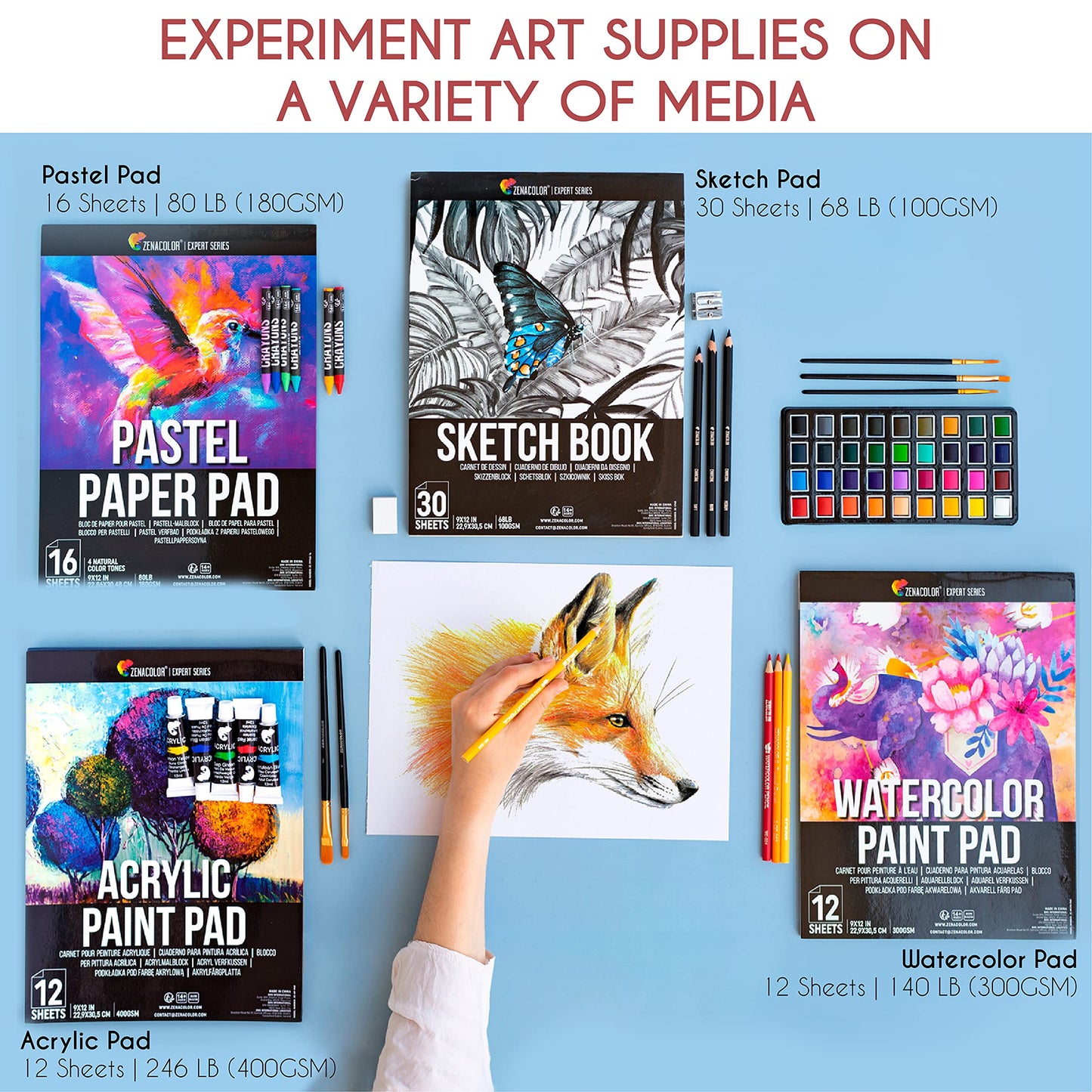Zenacolor art set for adults (XXL) - 150-piece wooden case painting kit for artists - complete drawing and painting set - pastel chalk, acrylic paints, wax crayons, watercolor paints, pencils - 4 blocks