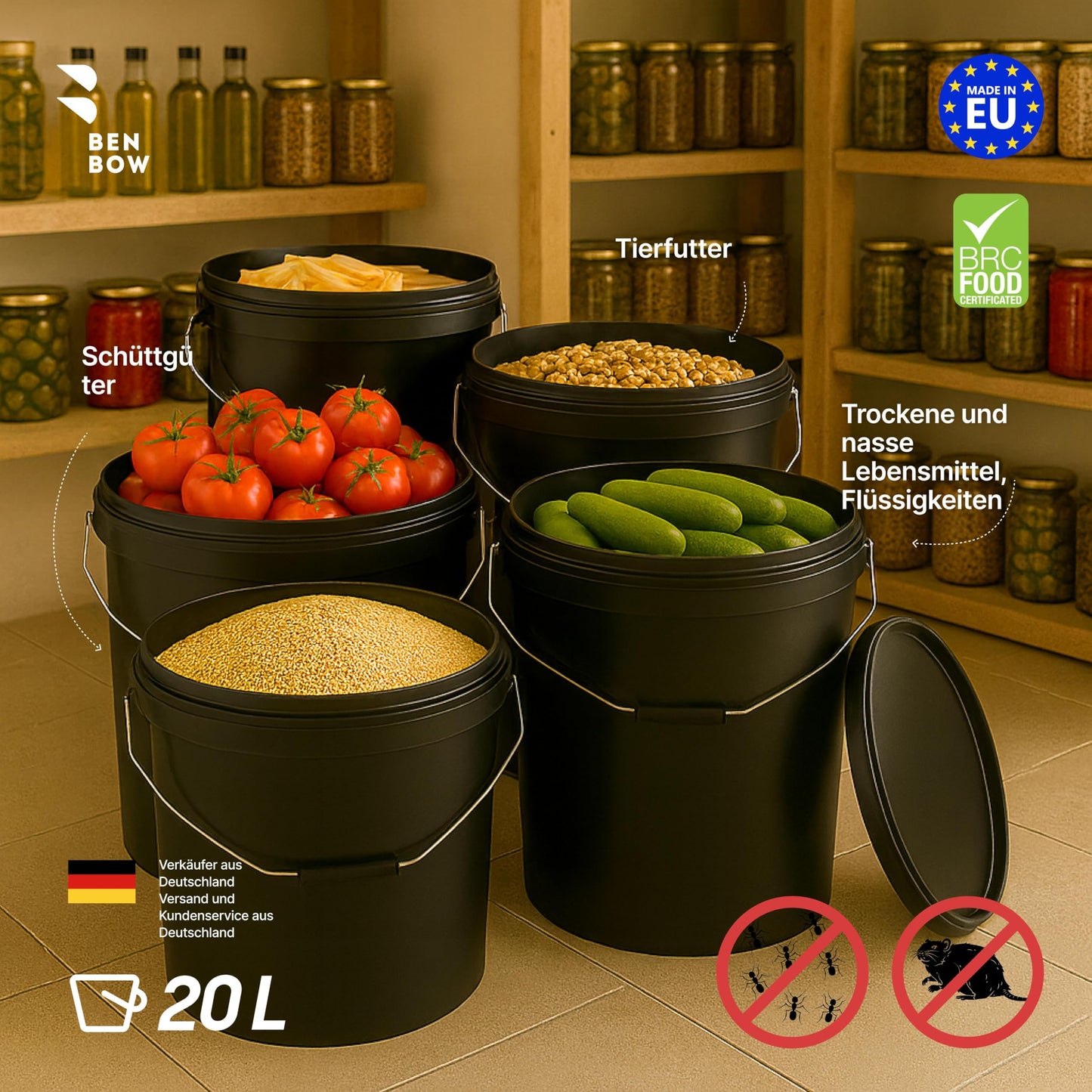 BenBow - Bucket with Lid Black 5X 20 Liters - food-safe stable airtight leak-proof odorless - Plastic storage container with metal handle - Crack-resistant grip, empty - for home