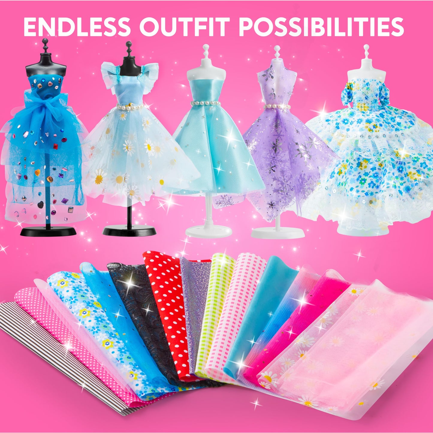 Clever Kits 400+ pieces Fashion Design for Girls, DIY Fashion Design Sewing Kit Set with 3 Mannequins, Gifts for Girls 8 9 10 11 12+ years, Creative Craft Kit for Kids 8+ years.