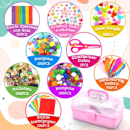 LINAYE 3000+ pcs crafting set for kids includes pom poms, pipe cleaners, and scrapbooking materials. Perfect gift for boys and girls aged 4 to 10. Crafting essentials in a pink carrying case.