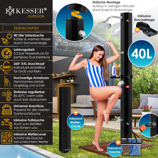 KESSER® 40-liter solar garden shower with metal shower tray & cover | warm water | max. 60°C | no need for electricity | poolside shower for camping | rain shower head and water tap | Black