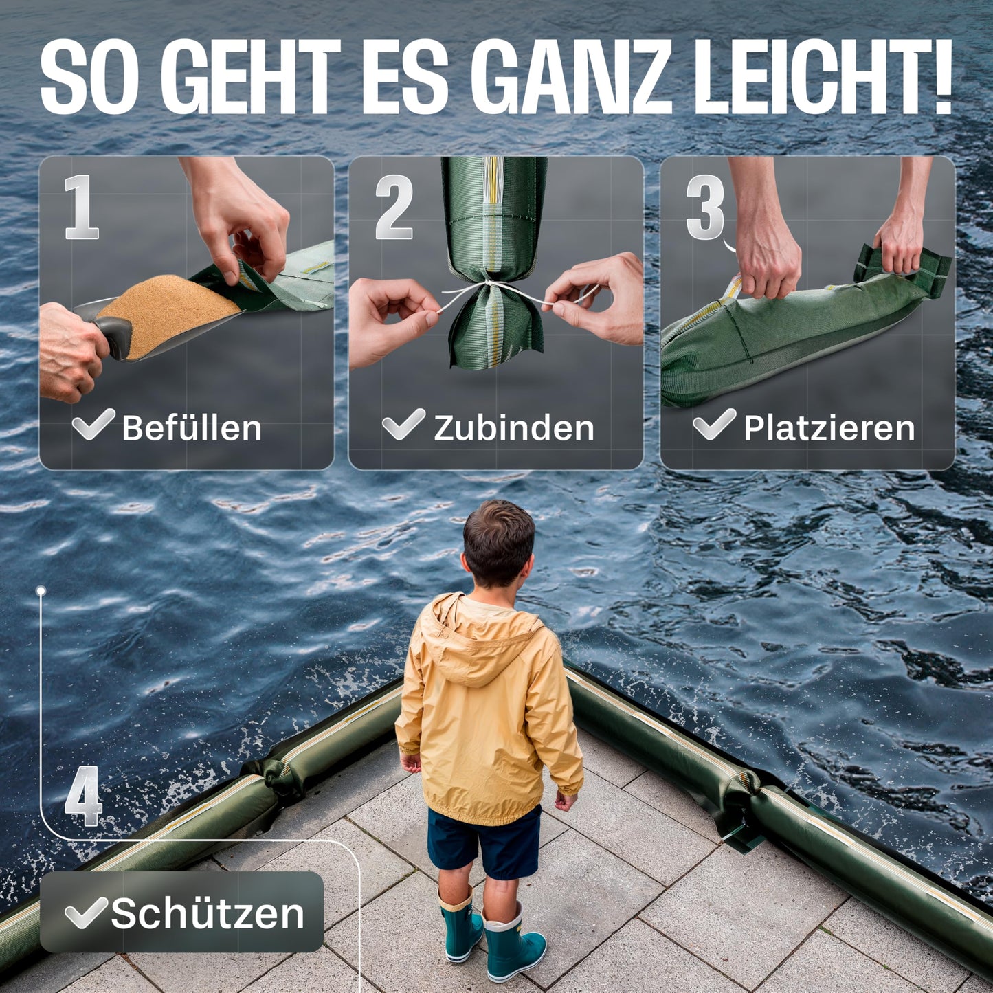 20x sandbags suitable for flood protection, 25cm x 100cm with handles, drawstring, and carrying straps. Ideal for filling with sand, made of UV-resistant high-quality monofilament fabric.