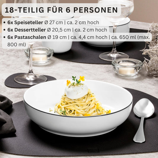SINGER | Marlo Black Rim white tableware set, 18 pieces for 6 people made of porcelain, white with black accents, dinner plates, dessert plates, and bowls, modern design | PREMIUM COLLECTION