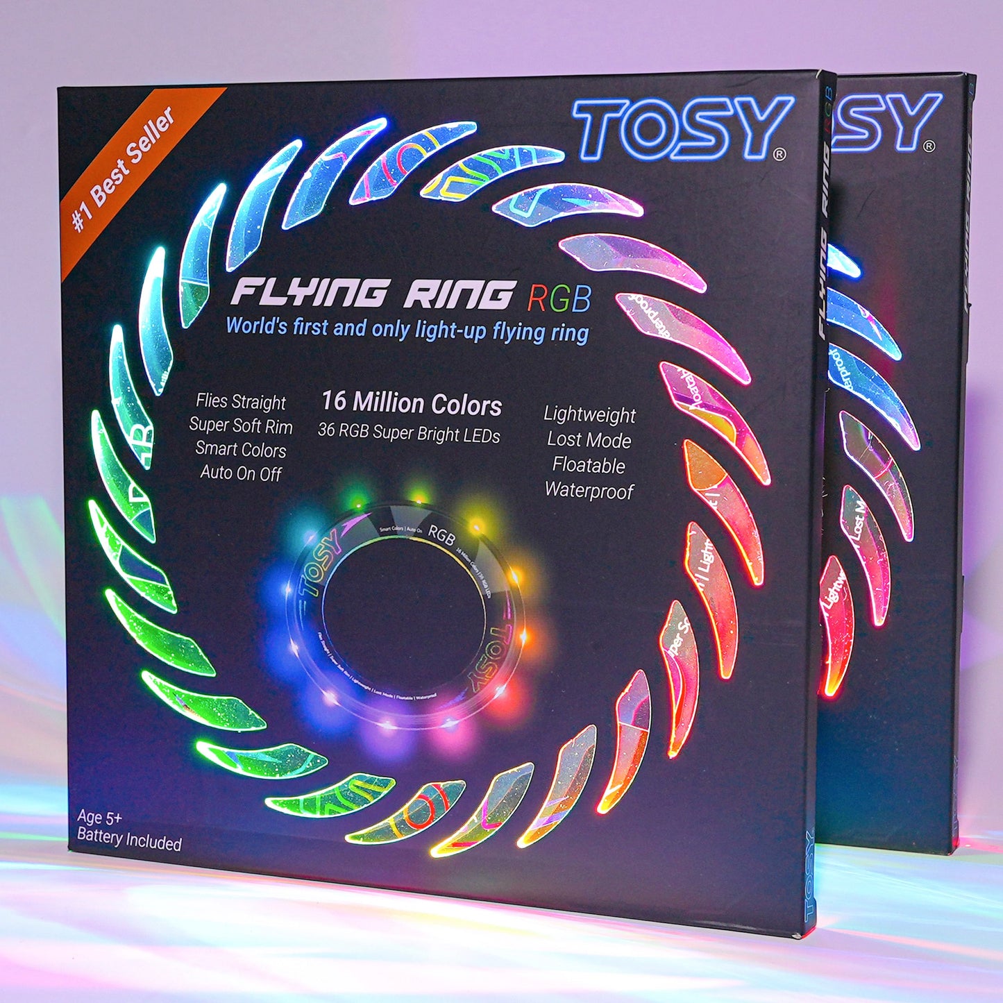 TOSY Flying Ring - 16 million RGB colors, bright, automatic lighting, safe, waterproof, lightweight Frisbee, birthday, Easter, Christmas gift for kids, 2-pack