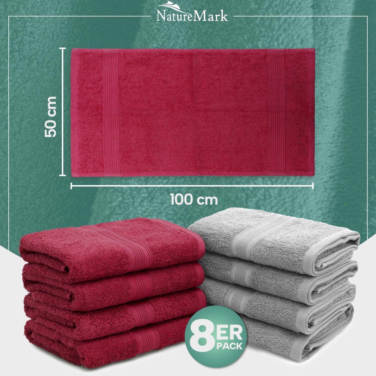 NatureMark 8-pack towels, 100% cotton, 50 x 100 cm, towel set Silver/Bordeaux.