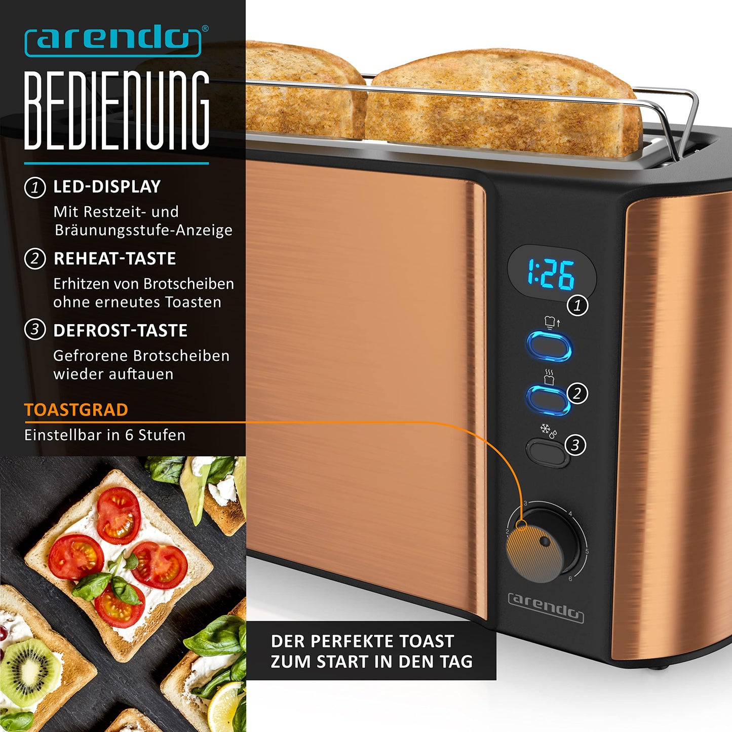 Arendo - Copper-look kettle with toaster SET - Electric kettle max 2200W, limescale filter, 1.7 liters, 2-slice long slot toaster with bun attachment, breakfast set