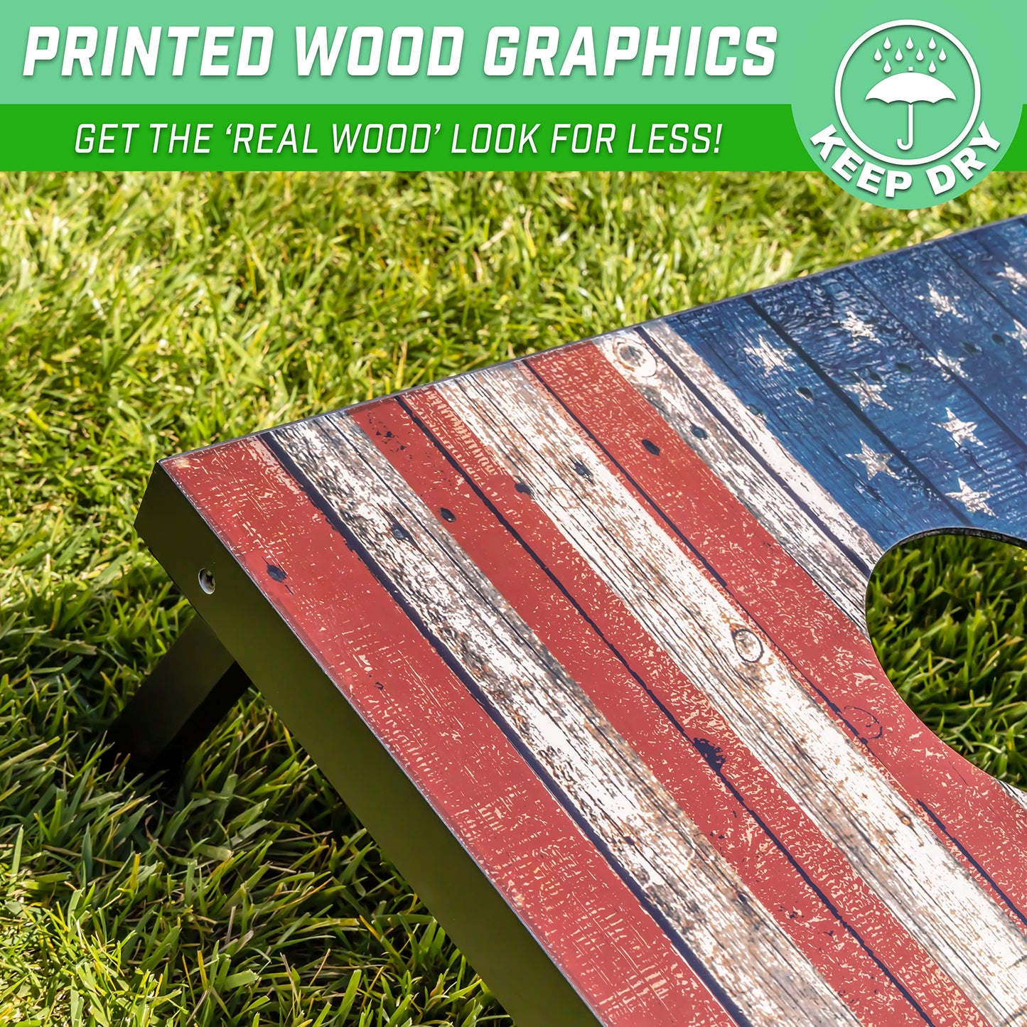GoSports Cornhole Game Set with American Flag design, 90 x 60 cm, includes two 90 x 60 cm boards, 8 bean bags, and carrying case.