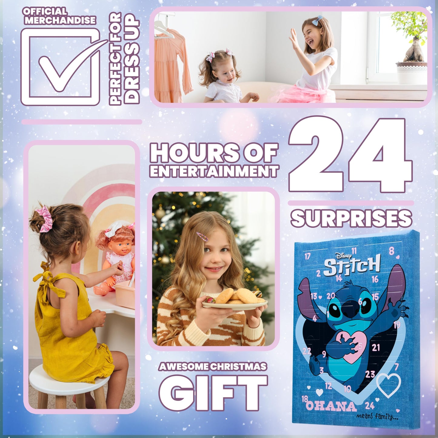 Disney Stitch Advent Calendar 2025 Girls Sweet Christmas Countdown Calendar with 24 Surprises Hair Accessories Children Gift Idea (Blue)