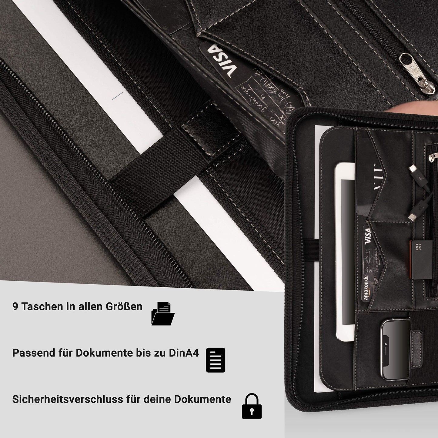 AZORIS PREMIUM® A4 premium folder with double zipper and 13-inch tablet compartment, professional faux leather conference folder for men and women.