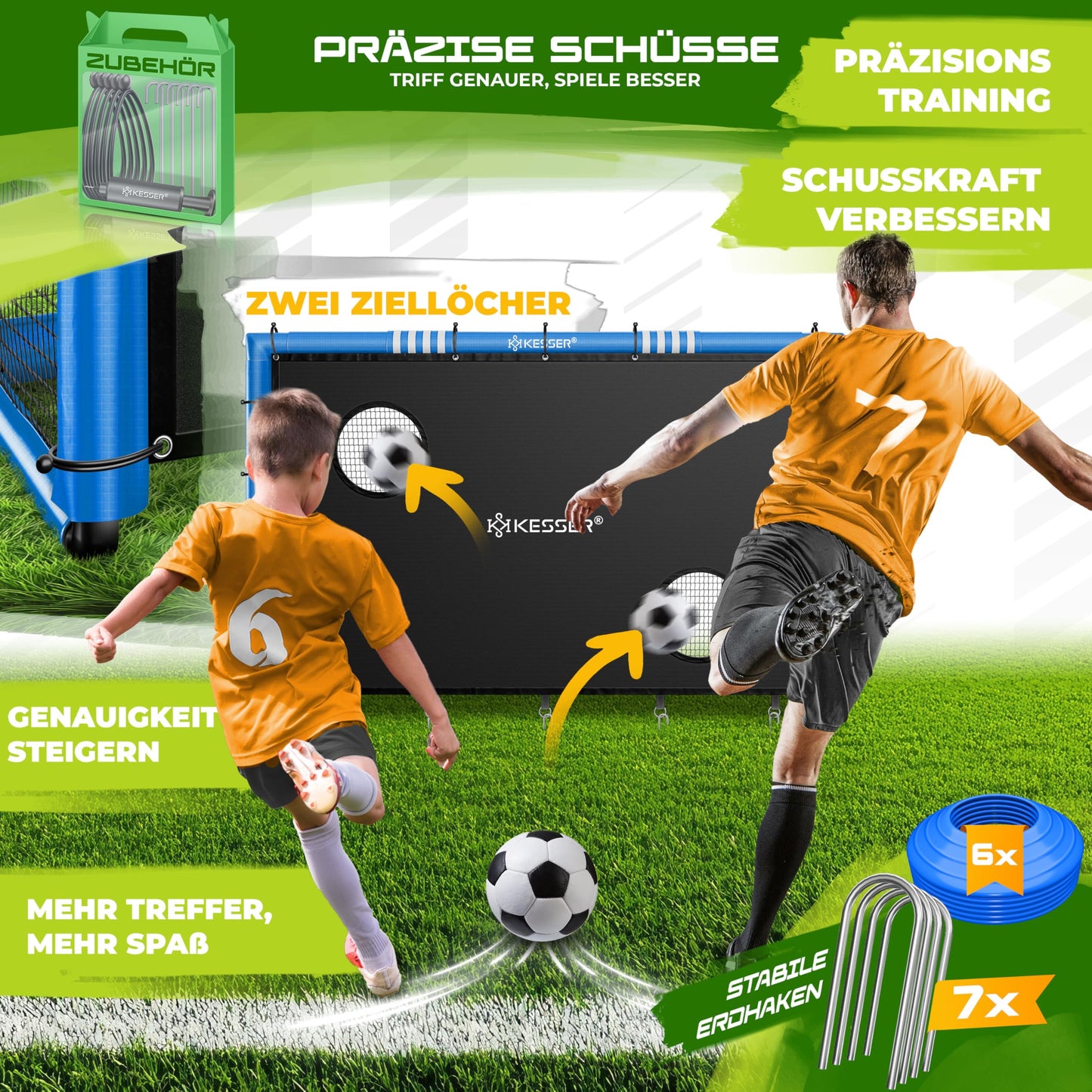KESSER® Soccer Goal - High-quality soccer goal 240cm with target wall, shooting training UV-resistant net, steel frame with padding, ground stakes, air pump, cones, assembly accessories for kids and adults.