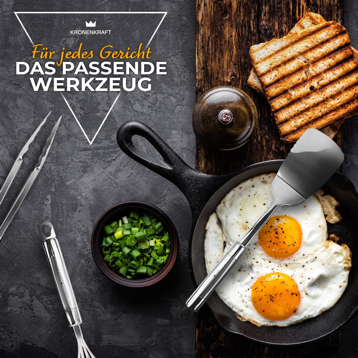 KRONENKRAFT® 26-piece kitchen set made of stainless steel. Includes kitchen utensils, accessories, cooking set, household helper set, spatula, whisk, and more. All made of stainless steel.