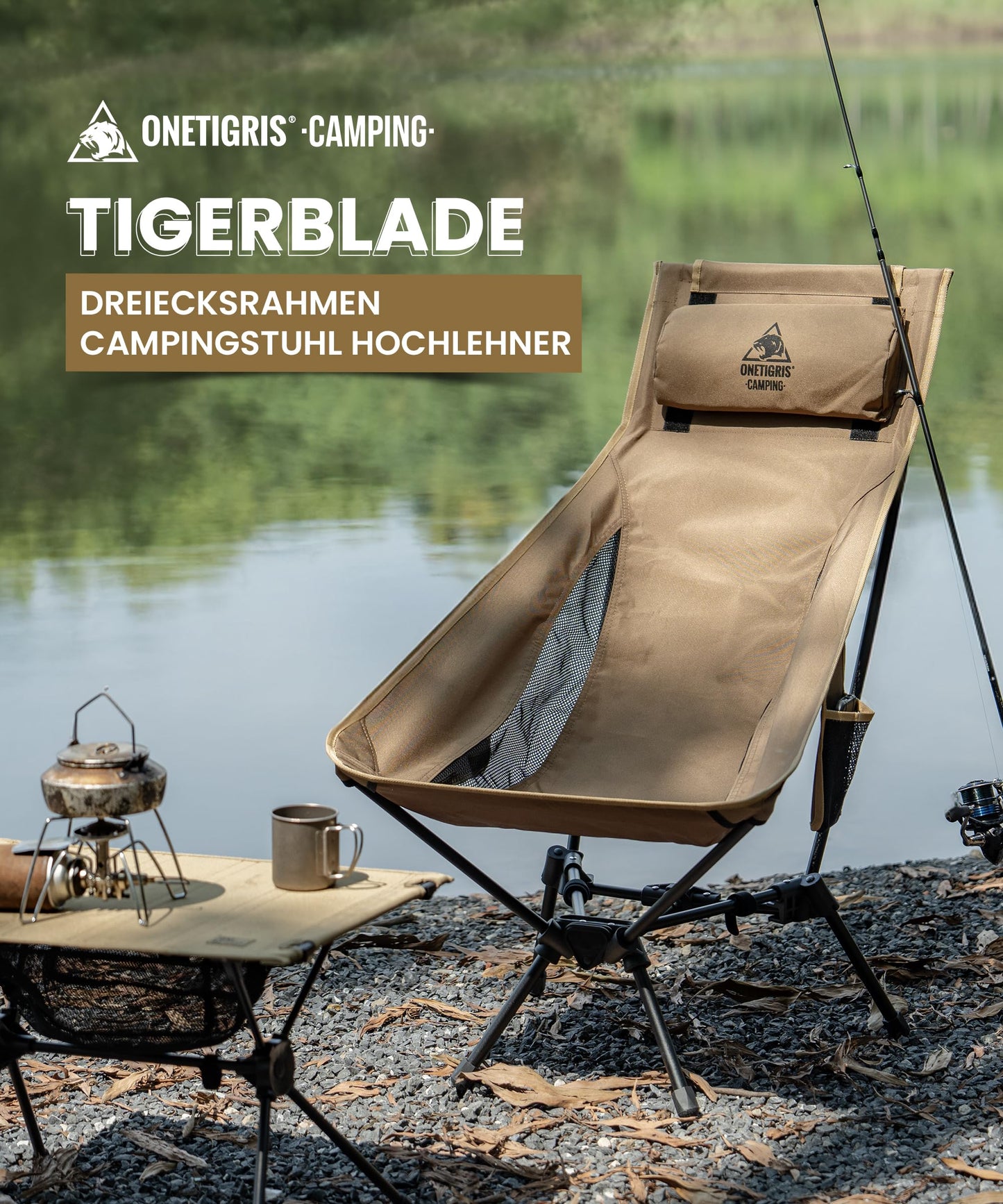 OneTigris TIGERBLADE camping chair high backrest foldable 170kg, folding camping chair light triangular frame, folding fishing chair with 2 side pockets, ultralight folding chair for outdoor, hiking (coyote brown)