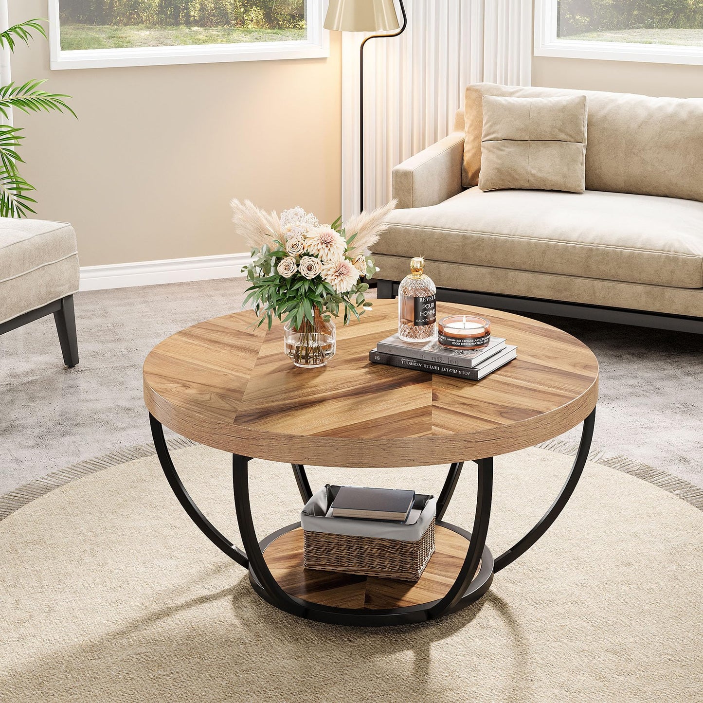 Tribesigns Round Coffee Table, Industrial 2-Tier Circle Coffee Table with Storage Shelves, Modern Wood Accent Center Table Sofa Side Table for Living Room, Home Office
