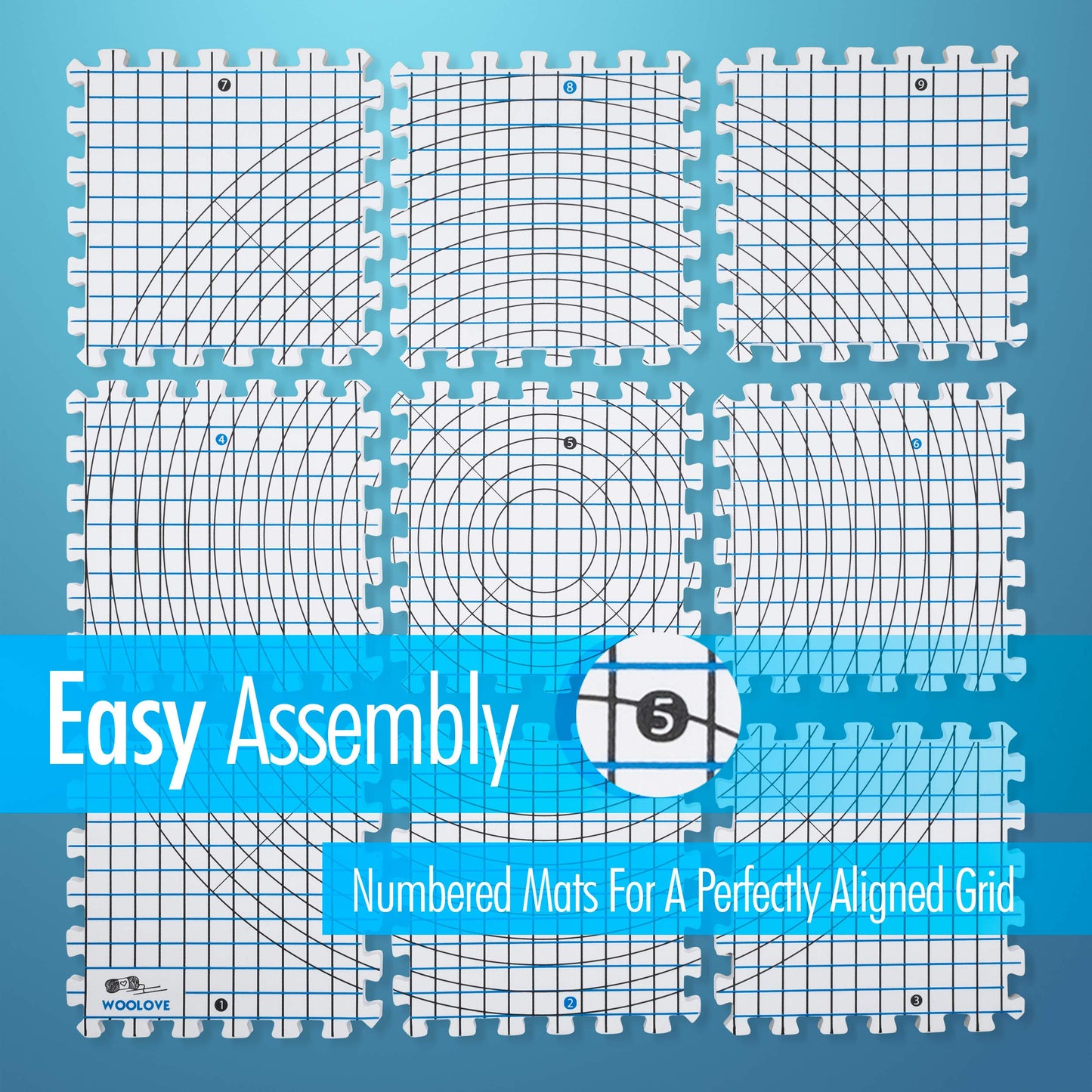 WOOLOVE blocking mats with grid, mats for blocking hand knitting crocheting lace - blocking set with 9 mats, 50 T-pins, and storage bag.