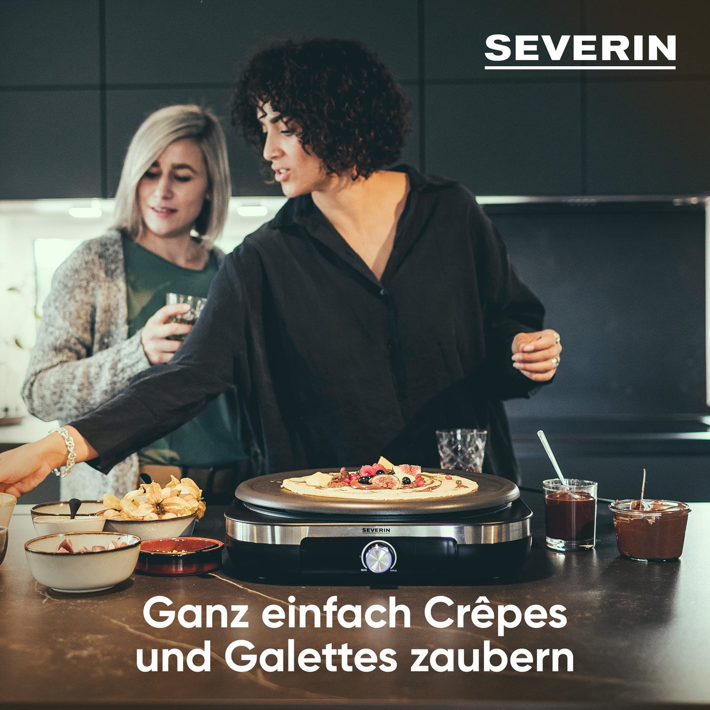 SEVERIN Crêpe Maker, crepe iron for sweet crepes and savory galettes, with removable XXL grill plate (38 cm), approx. 1,500 W, stainless steel brushed/black, CM 2199