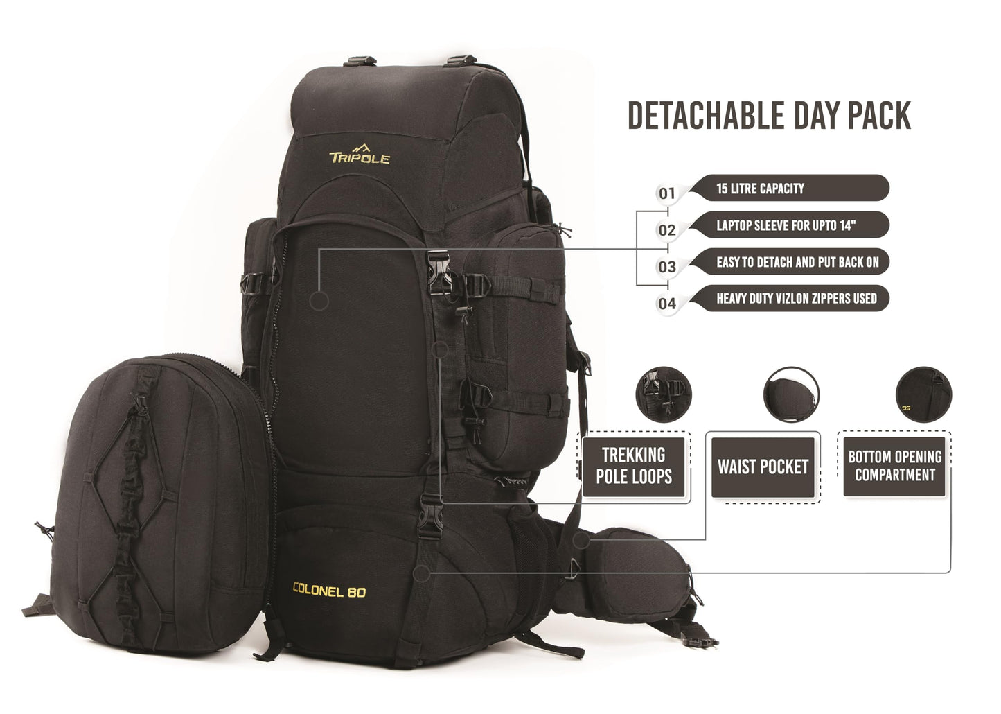 Tripole backpack Colonel 95 liters with detachable daypack - hiking, trekking, traveling, camping, waterproof, with breathable back panel, black.