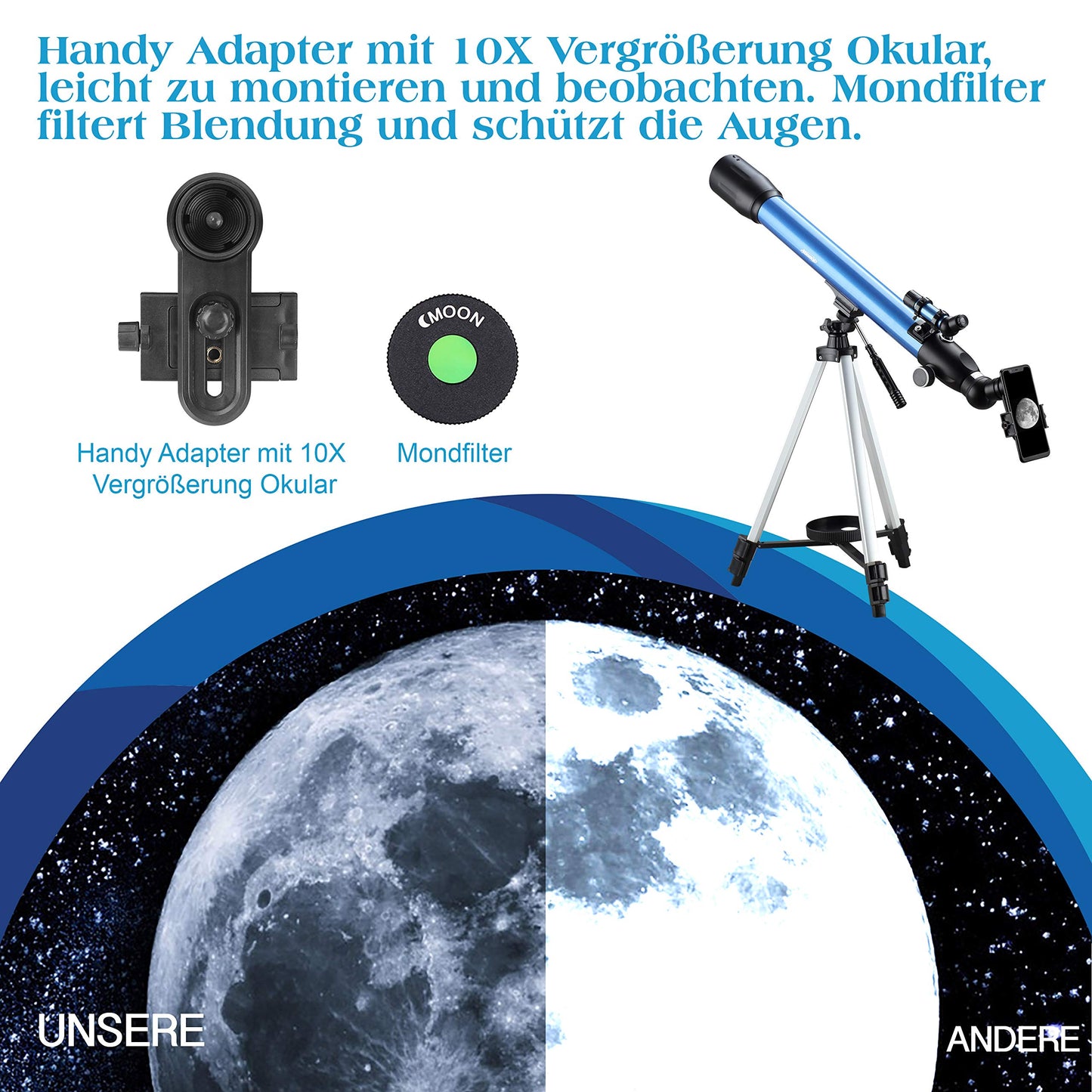 Aomekie Telescope Astronomy, 234X Refractor Telescope for kids beginners with 10X Smartphone Adapter Extendable tripod Bag Moon filter and Erect Image Finder Scope