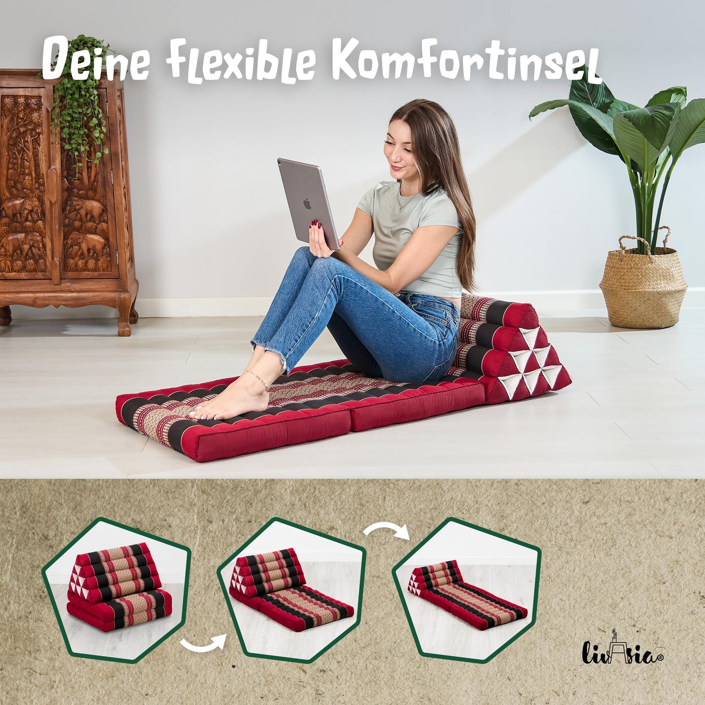 livasia Thai cushion with 2 pillows - 120x50x8 cm - triangle cushion with seat cushion, wedge cushion with kapok, foldable back cushion, Thai mat for folding, handmade, meditation cushion (red/black)