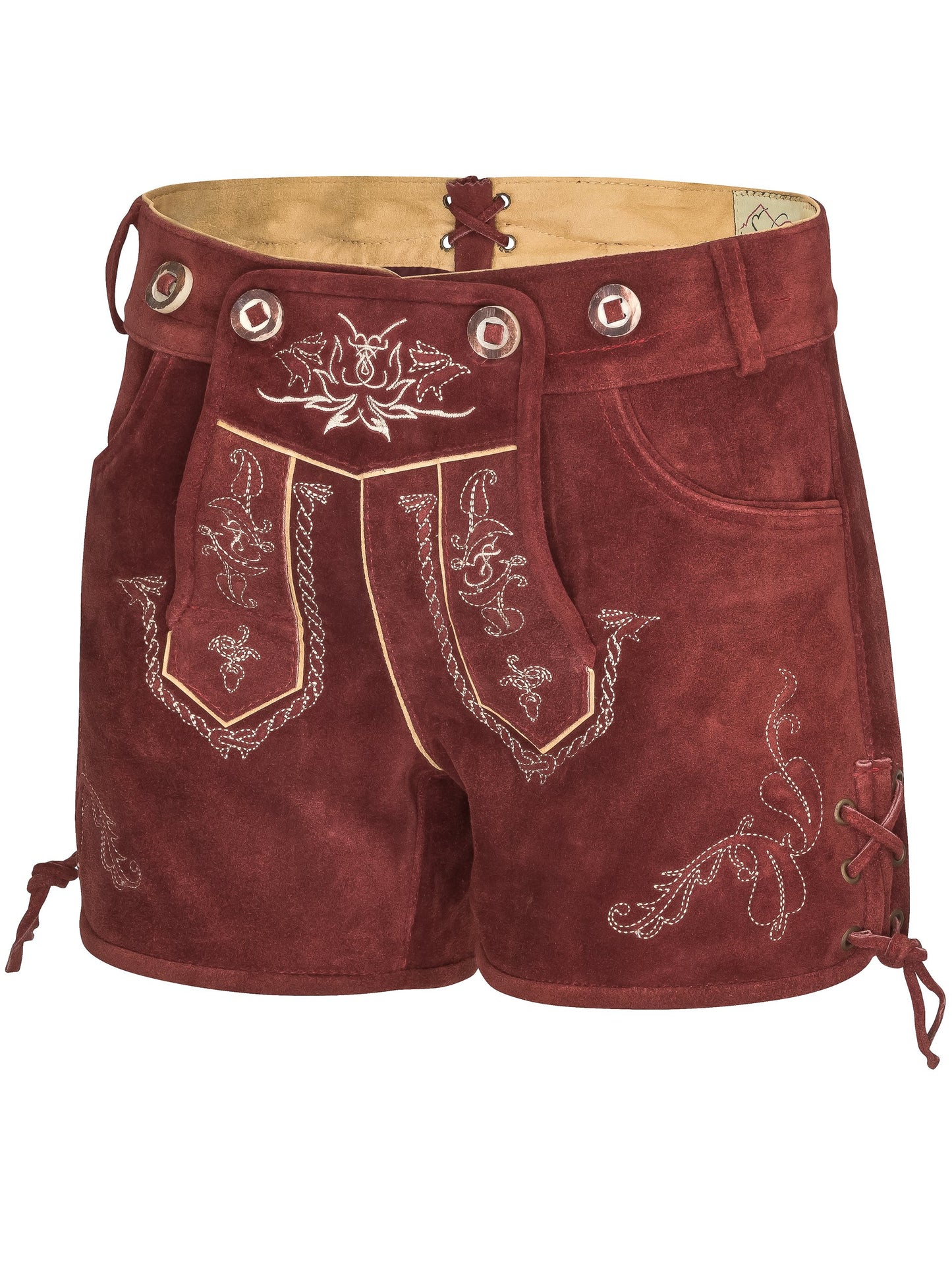 Women's leather shorts - Traditional leather shorts Bergrose - Traditional hot pants with suspenders (30, red)