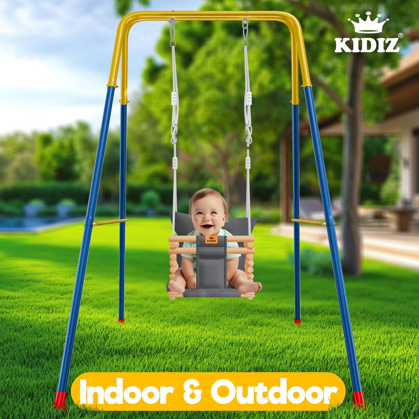 KIDIZ® Baby Swing Seat with Padding | Wooden Swing with Anti-Tip up to 60KG | Adjustable Height Indoors & Outdoors | 0.5-3 years | Mounting Accessories & Safety Belt Anthracite