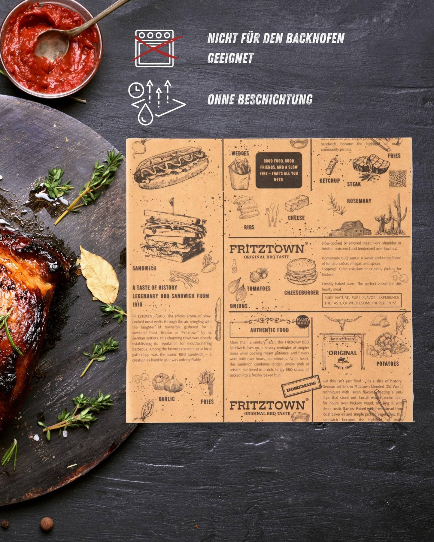 FRITZTOWN Deli Paper | Uncoated wrapping paper for burgers, sandwiches & BBQ | Grease-resistant food paper | Perfect for street food & delicacies (25x25 cm, 1000 sheets)