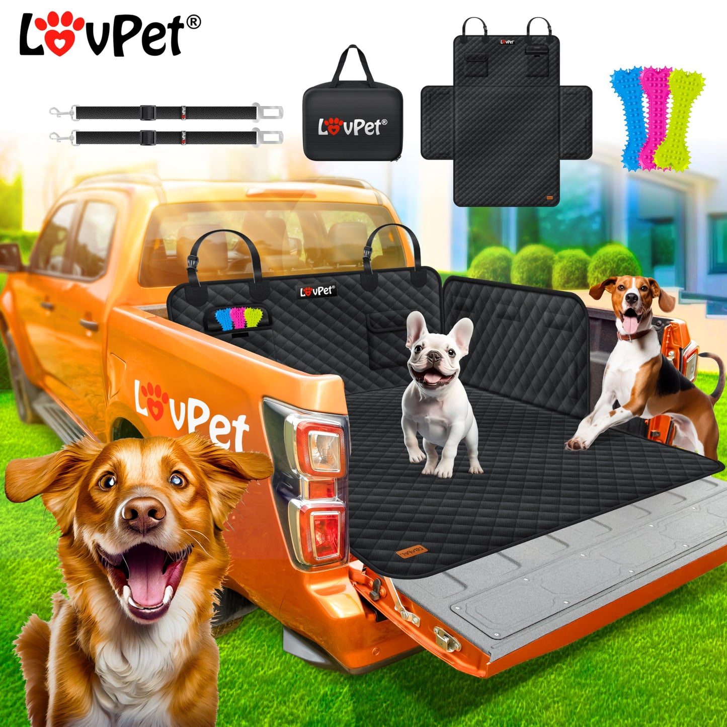 Lovpet trunk protector with side and bumper protection, dog blanket for car back seat with window & accessories. Premium dog car seat cover - waterproof, scratch-resistant & universally applicable in black.