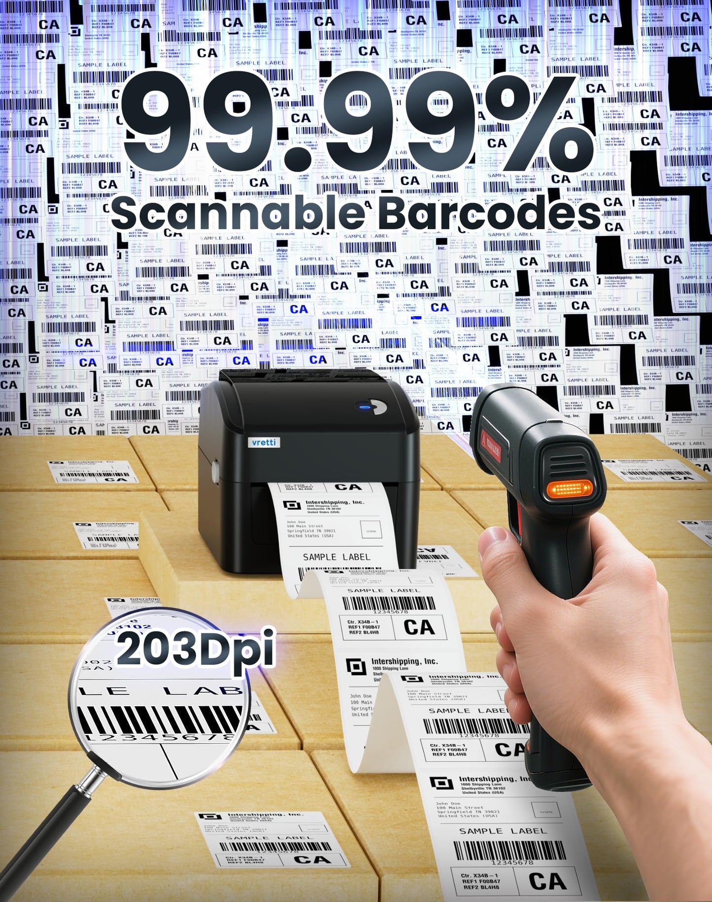 Vretti USB label printer with XXL paper tray - label printer for DHL shipping labels, compatible with Windows/mac/ChromeOS/Linux, 99.99% barcode scan rate, without separate holder.