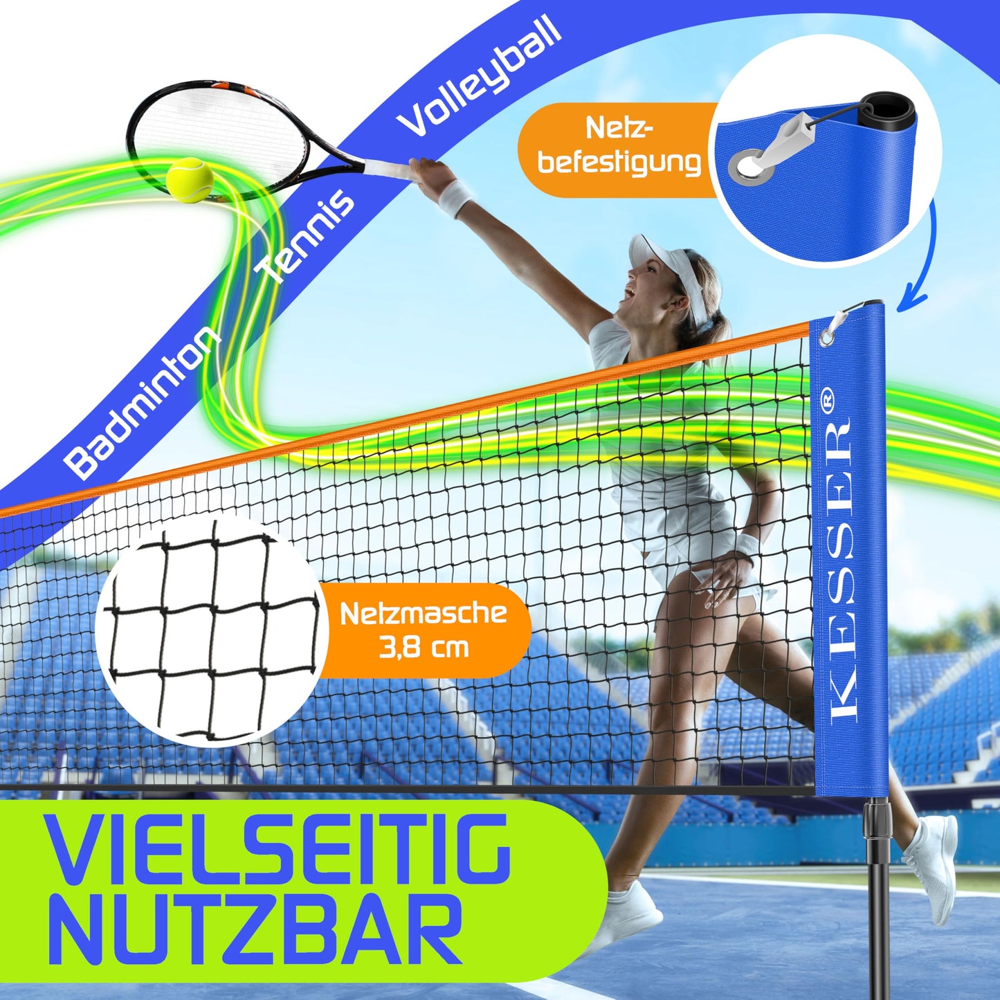 KESSER® Badminton Net Tennis Net | Badminton Net 3-Way Height Adjustable 107/120/155cm, sturdy frame, set with net, 3X shuttlecocks & 3X tennis balls, mounting accessories, carrying bag, indoor & outdoor