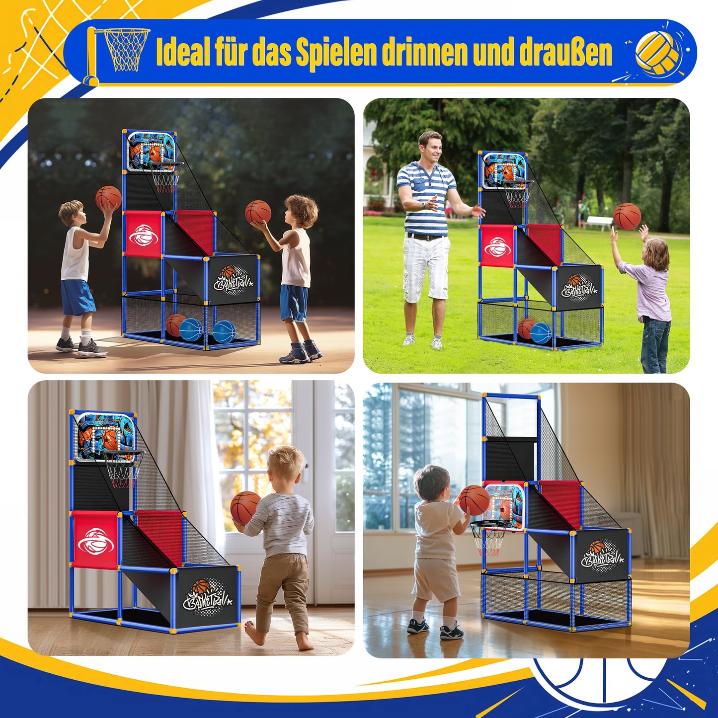 SKERITO Basketball Game Set, including 4 balls and hoops for kids aged 3-12. Ideal for indoor and outdoor sports, easy to set up, with included air pump.