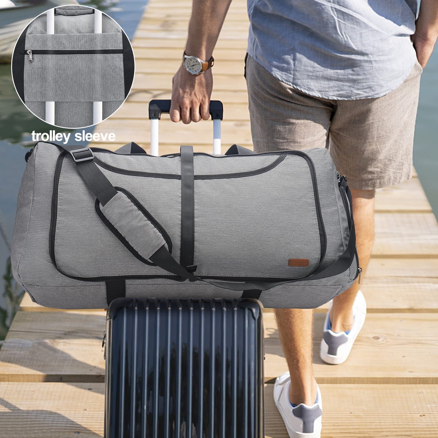 Vogshow Foldable Travel Duffel Bag, Weekender Overnight Bag Waterproof Duffle with Shoe Compartment for Men and Women (Gray, 80L)