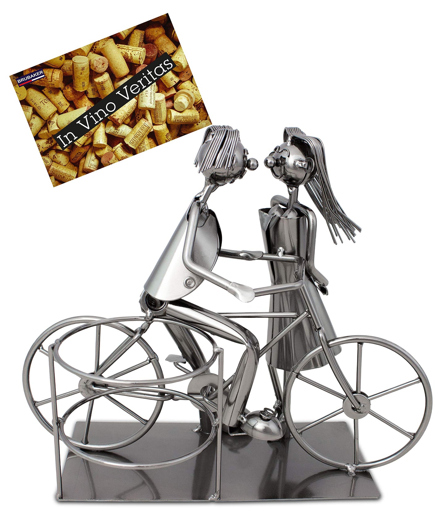 BRUBAKER wine bottle holder pair with bicycle decorations, metal bottle stand with greeting card for wine gift.