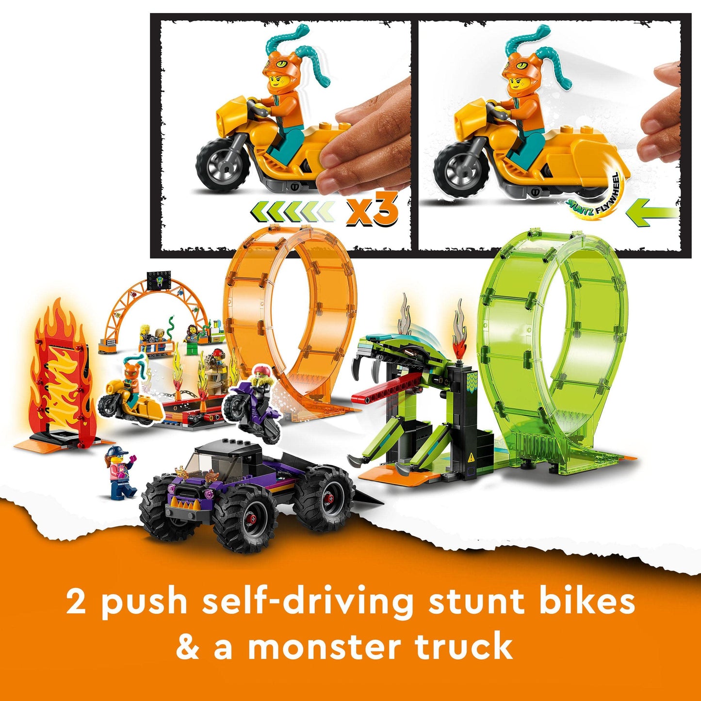 LEGO 60339 City Stuntz Stunt Show Double Loop Set, includes ramp, monster truck, 2 motorcycles, and 7 minifigures. Toy for kids ages 7 and up.