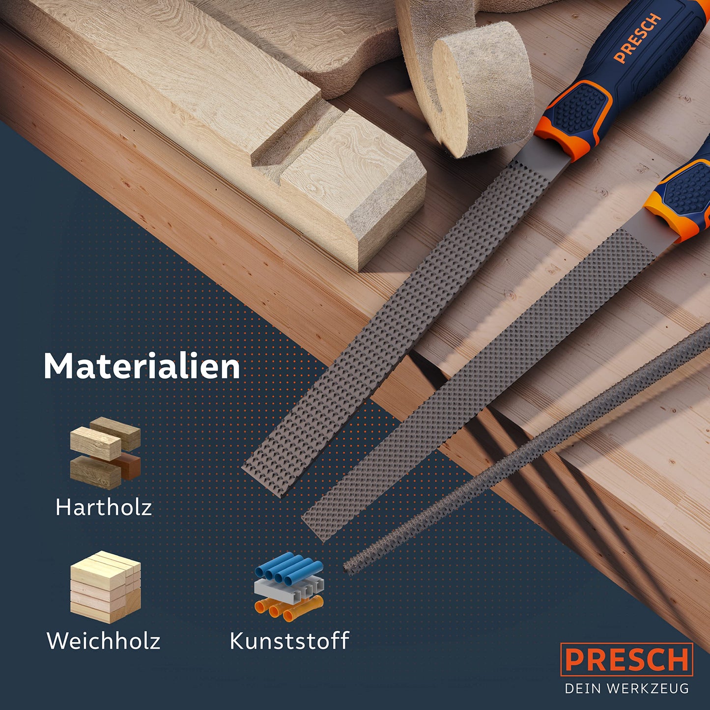 3-piece Wood Rasp Set incl. carrying case - High-quality wood file set incl. flat, half-round, and round rasps - Professional grade 2 file set with 200mm length for wood.