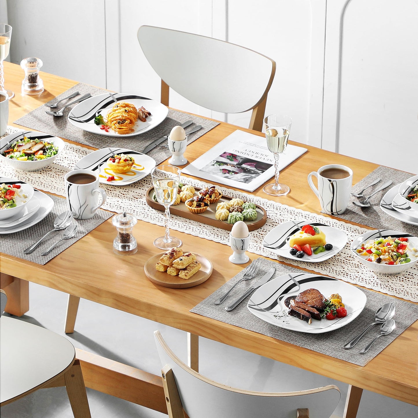 VEWEET porcelain tableware 'Fiona', 40 pieces | Set includes dinner plates, dessert plates, soup bowls, coffee cups, and egg cups | Service for 4-12 people