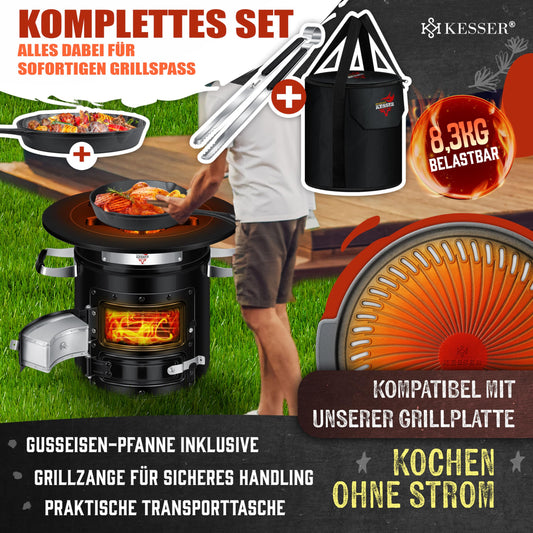 KESSER® Rocket Stove with cast iron grill pan | incl. grill tongs & carrying bag | Dutch Oven 6 integrated spikes | BBQ Rocket Stove wood stove | Camping outdoor stove | Camping grill stainless steel
